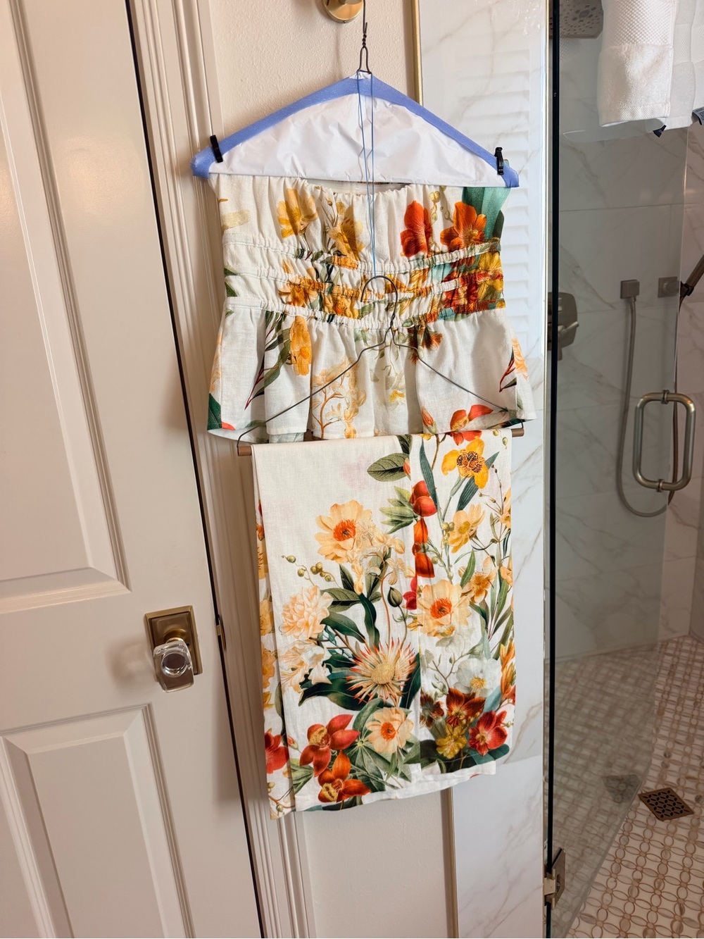 Anthropologie White Floral Midi Skirt Set with Orange & Green Accents